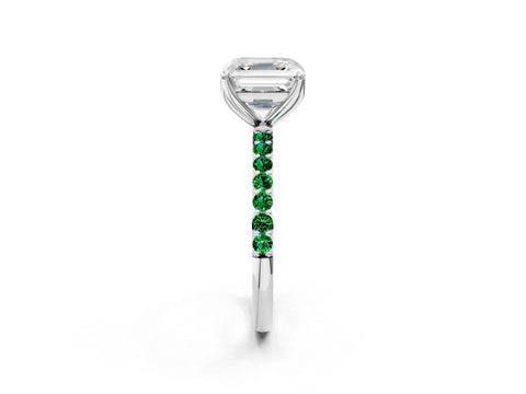 White gold Asscher Cut Diamond Solitaire Engagement Ring with Round with Emerald side stone Pavé Band and Prong Setting_44
