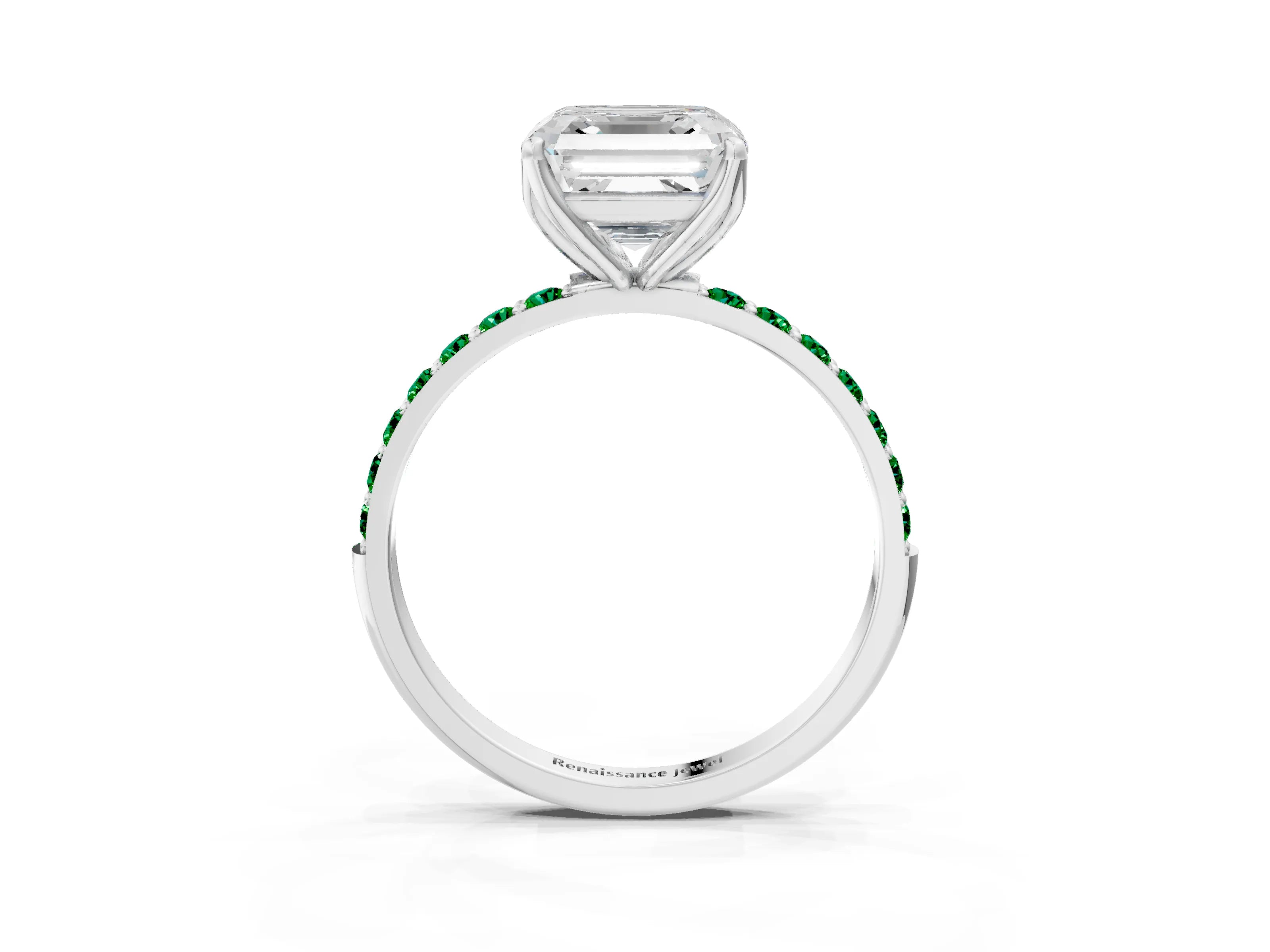 White gold Asscher Cut Diamond Solitaire Engagement Ring with Round with Emerald side stone Pavé Band and Prong Setting_45