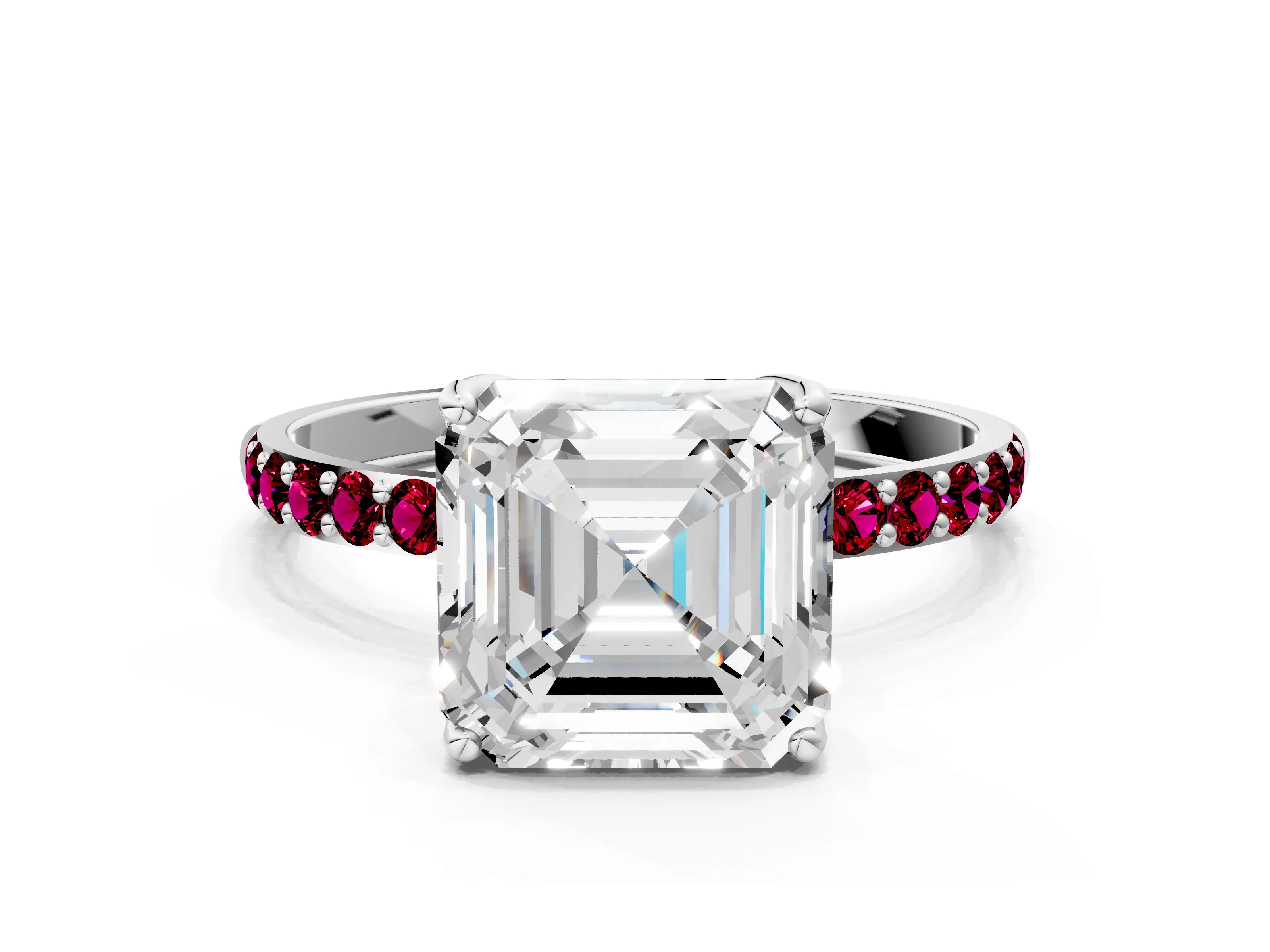 White gold Asscher Cut Diamond Solitaire Engagement Ring with Round with Garnet side stone Pavé Band and Prong Setting_34
