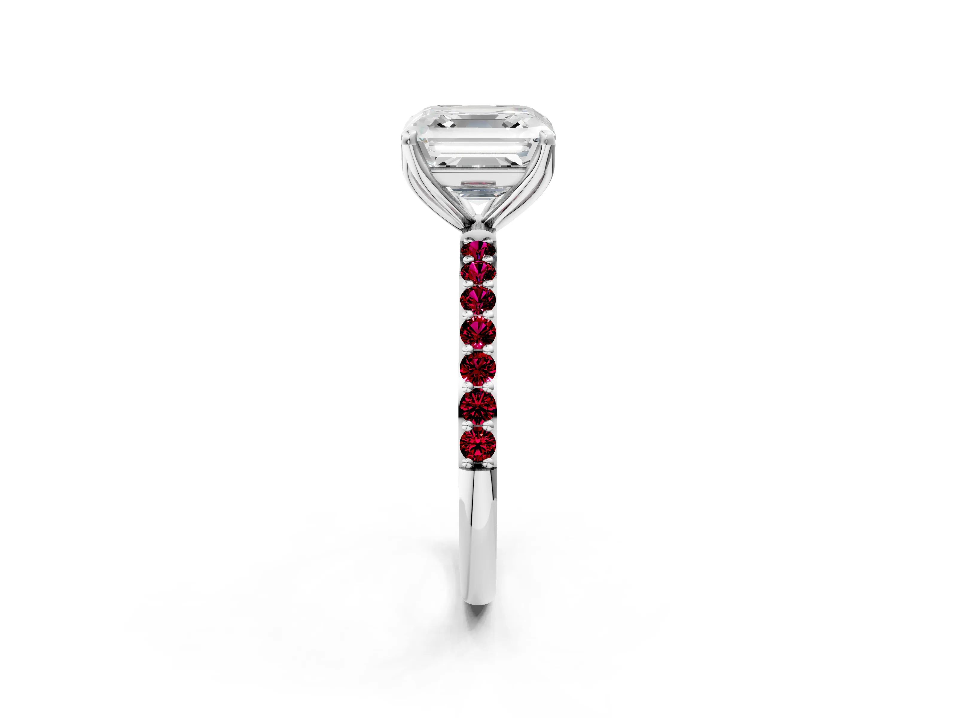 White gold Asscher Cut Diamond Solitaire Engagement Ring with Round with Garnet side stone Pavé Band and Prong Setting_36