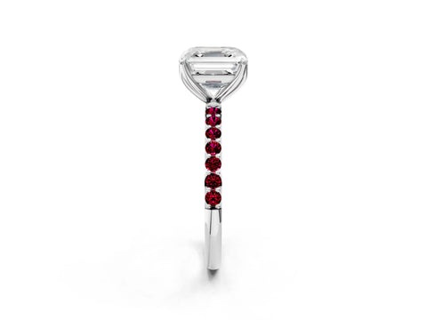 White gold Asscher Cut Diamond Solitaire Engagement Ring with Round with Garnet side stone Pavé Band and Prong Setting_36