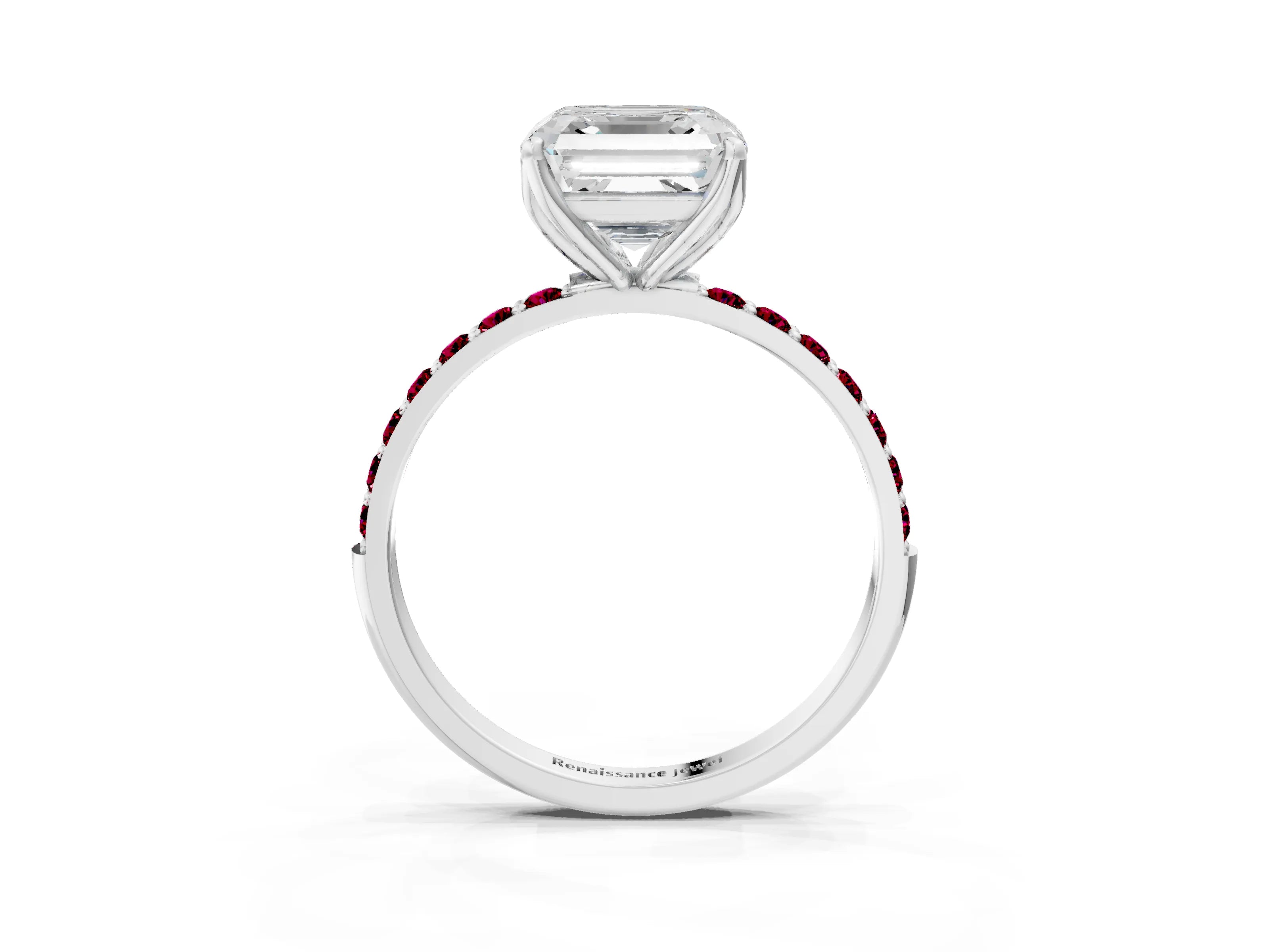 White gold Asscher Cut Diamond Solitaire Engagement Ring with Round with Garnet side stone Pavé Band and Prong Setting_39