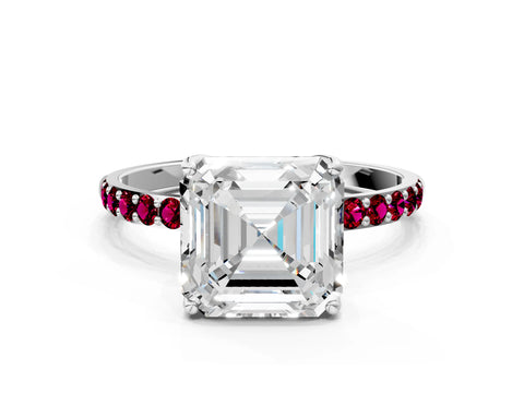 White gold Asscher Cut Diamond Solitaire Engagement Ring with Round with Garnet side stone Pavé Band and Prong Setting_42