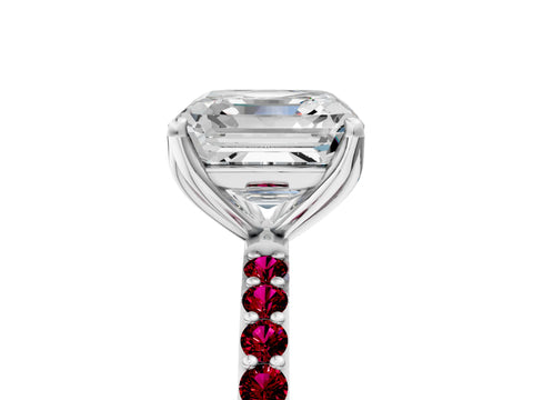 White gold Asscher Cut Diamond Solitaire Engagement Ring with Round with Garnet side stone Pavé Band and Prong Setting_47