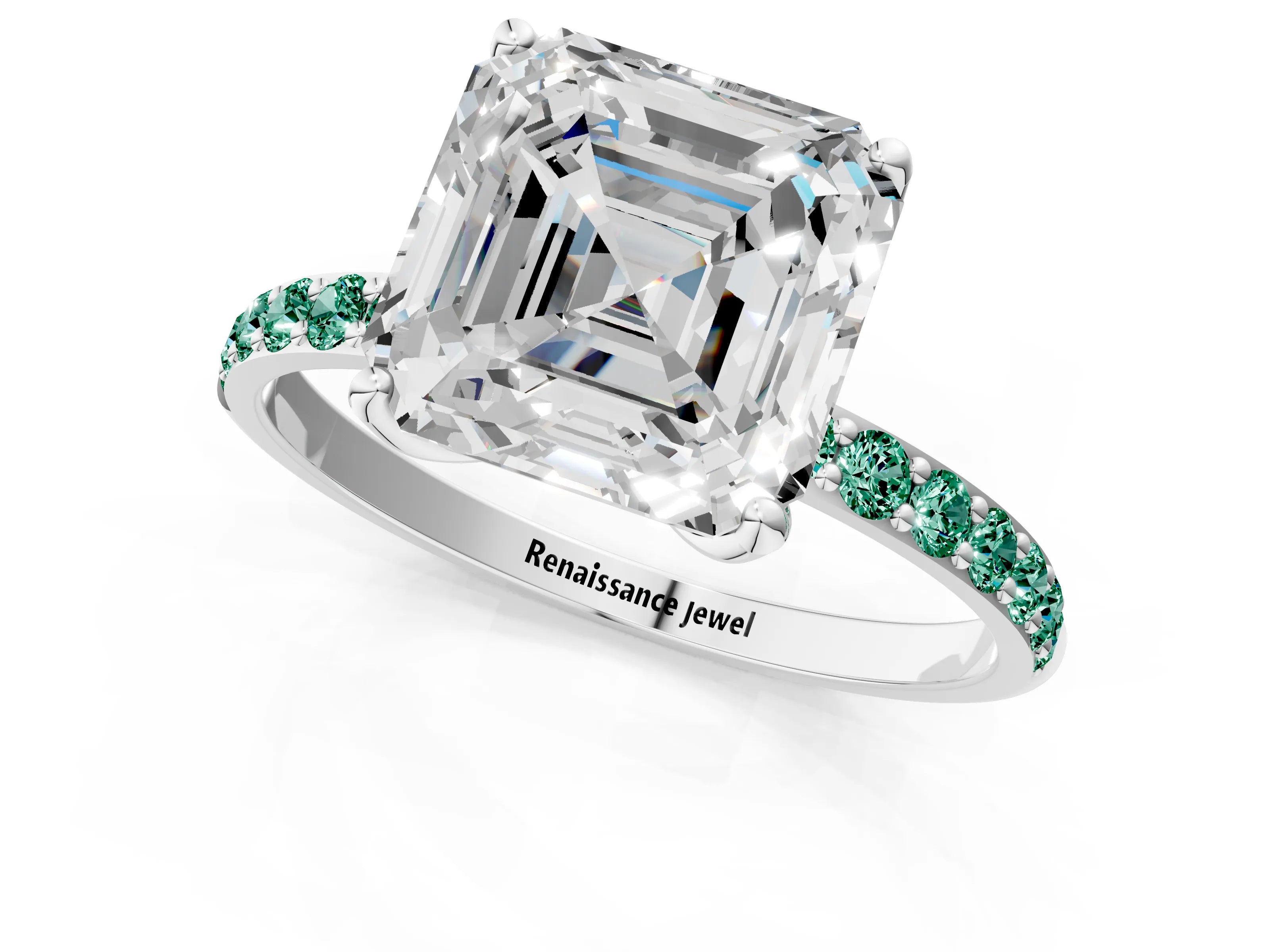 White gold Asscher Cut Diamond Solitaire Engagement Ring with Round with Green Sapphire side stone Pavé Band and Prong Setting_1