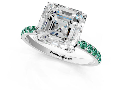 White gold Asscher Cut Diamond Solitaire Engagement Ring with Round with Green Sapphire side stone Pavé Band and Prong Setting_13