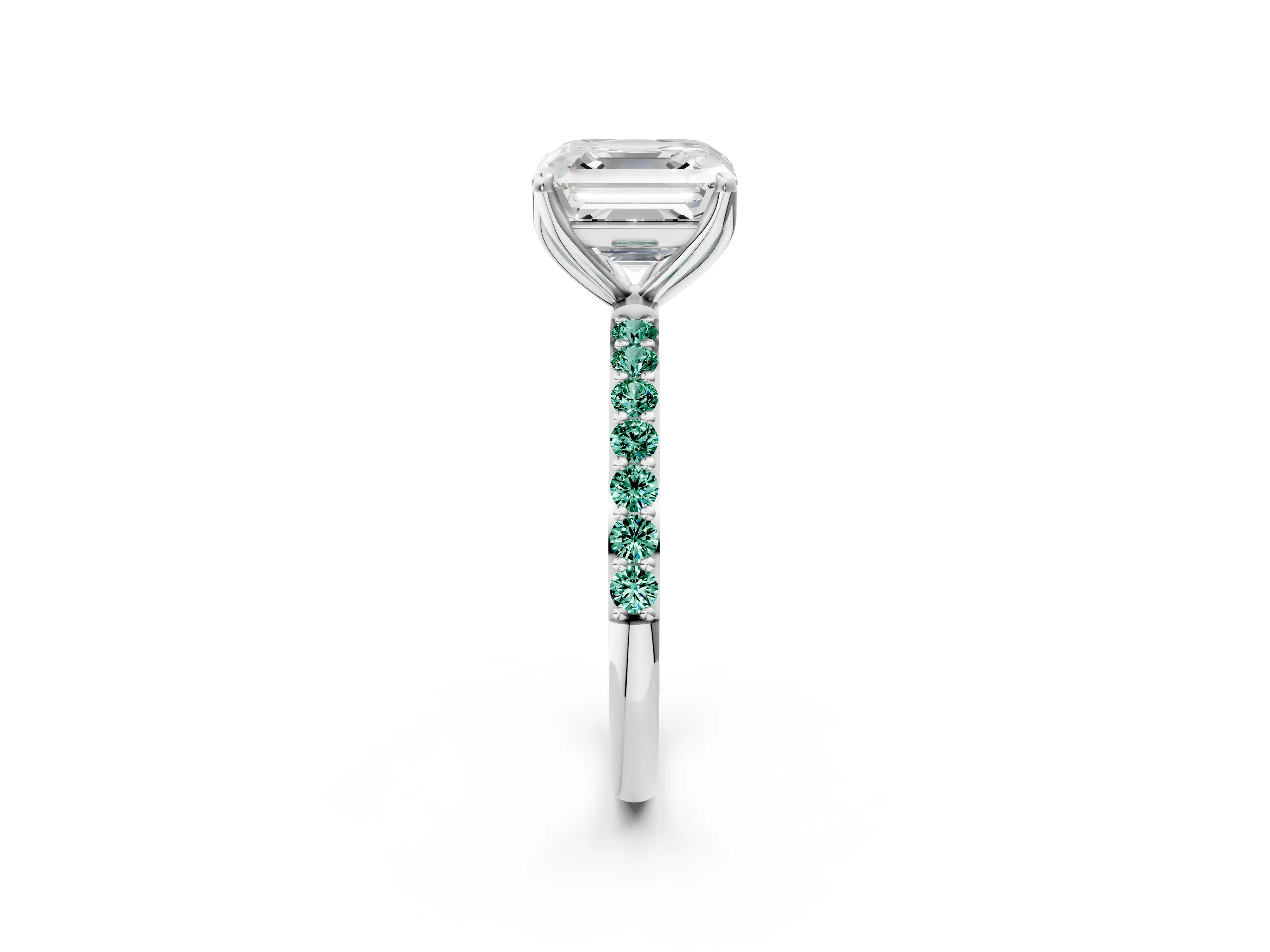 White gold Asscher Cut Diamond Solitaire Engagement Ring with Round with Green Sapphire side stone Pavé Band and Prong Setting_14