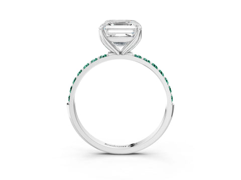White gold Asscher Cut Diamond Solitaire Engagement Ring with Round with Green Sapphire side stone Pavé Band and Prong Setting_15