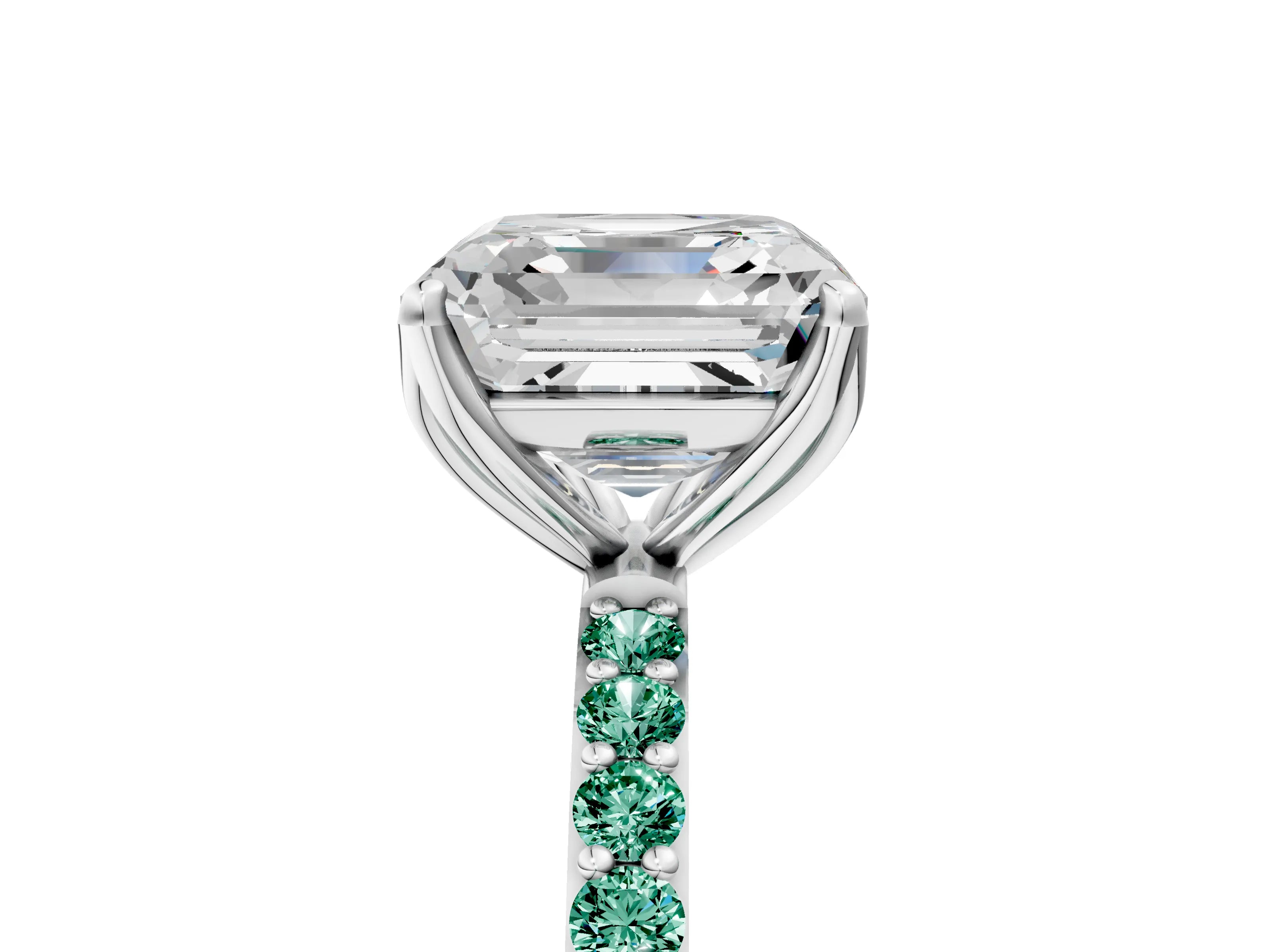 White gold Asscher Cut Diamond Solitaire Engagement Ring with Round with Green Sapphire side stone Pavé Band and Prong Setting_17
