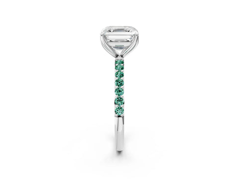 White gold Asscher Cut Diamond Solitaire Engagement Ring with Round with Green Sapphire side stone Pavé Band and Prong Setting_2
