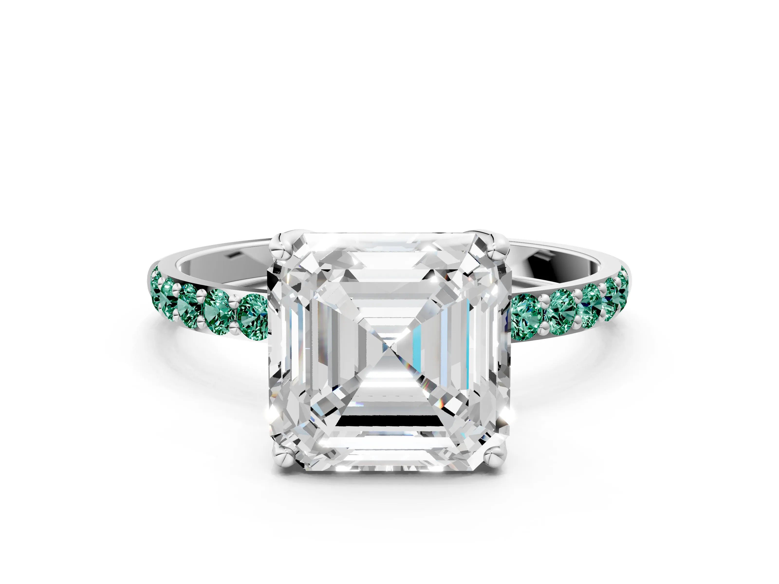 White gold Asscher Cut Diamond Solitaire Engagement Ring with Round with Green Sapphire side stone Pavé Band and Prong Setting