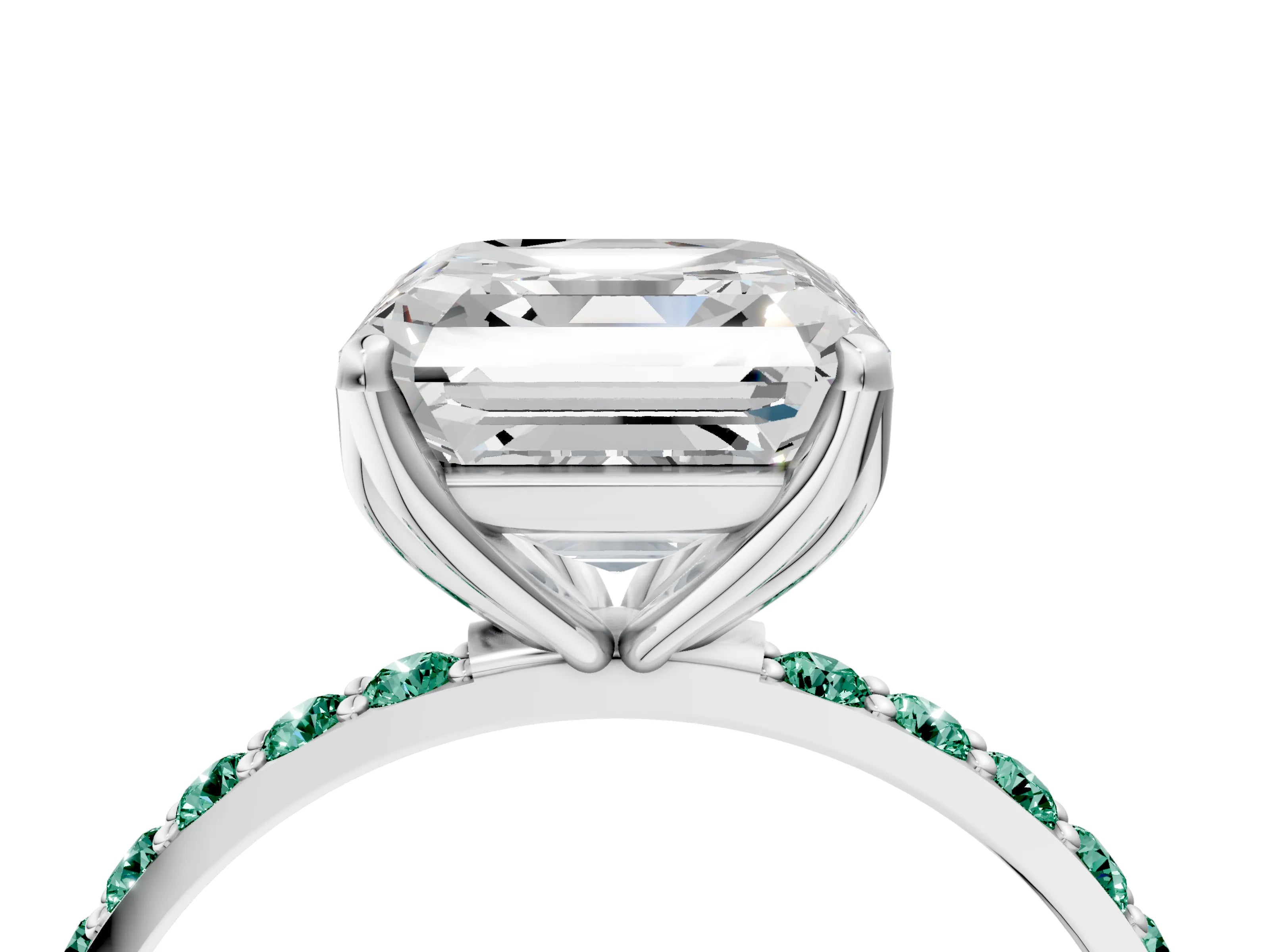White gold Asscher Cut Diamond Solitaire Engagement Ring with Round with Green Sapphire side stone Pavé Band and Prong Setting_4