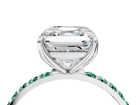 White gold Asscher Cut Diamond Solitaire Engagement Ring with Round with Green Sapphire side stone Pavé Band and Prong Setting_4