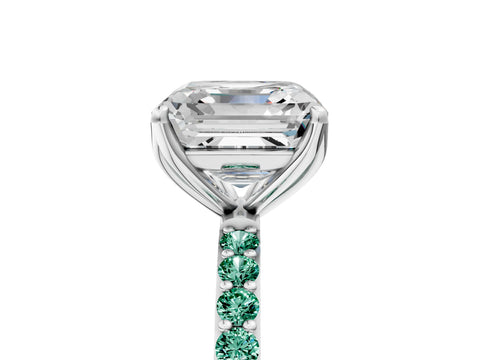 White gold Asscher Cut Diamond Solitaire Engagement Ring with Round with Green Sapphire side stone Pavé Band and Prong Setting_5