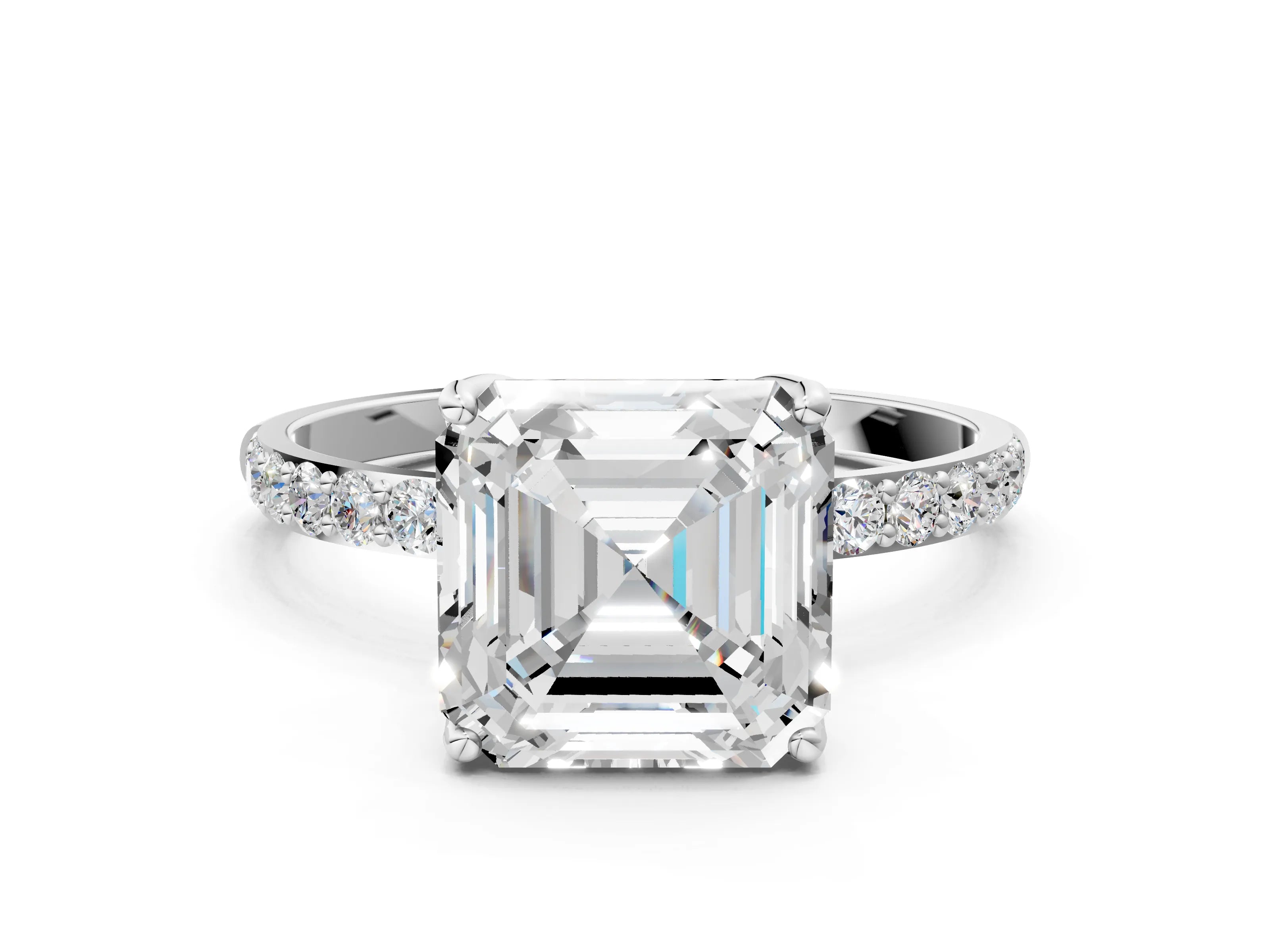 White gold Asscher Cut Diamond Solitaire Engagement Ring with Round with Moissanite side stone Pavé Band and Prong Setting_12
