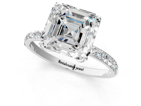 White gold Asscher Cut Diamond Solitaire Engagement Ring with Round with Moissanite side stone Pavé Band and Prong Setting_13