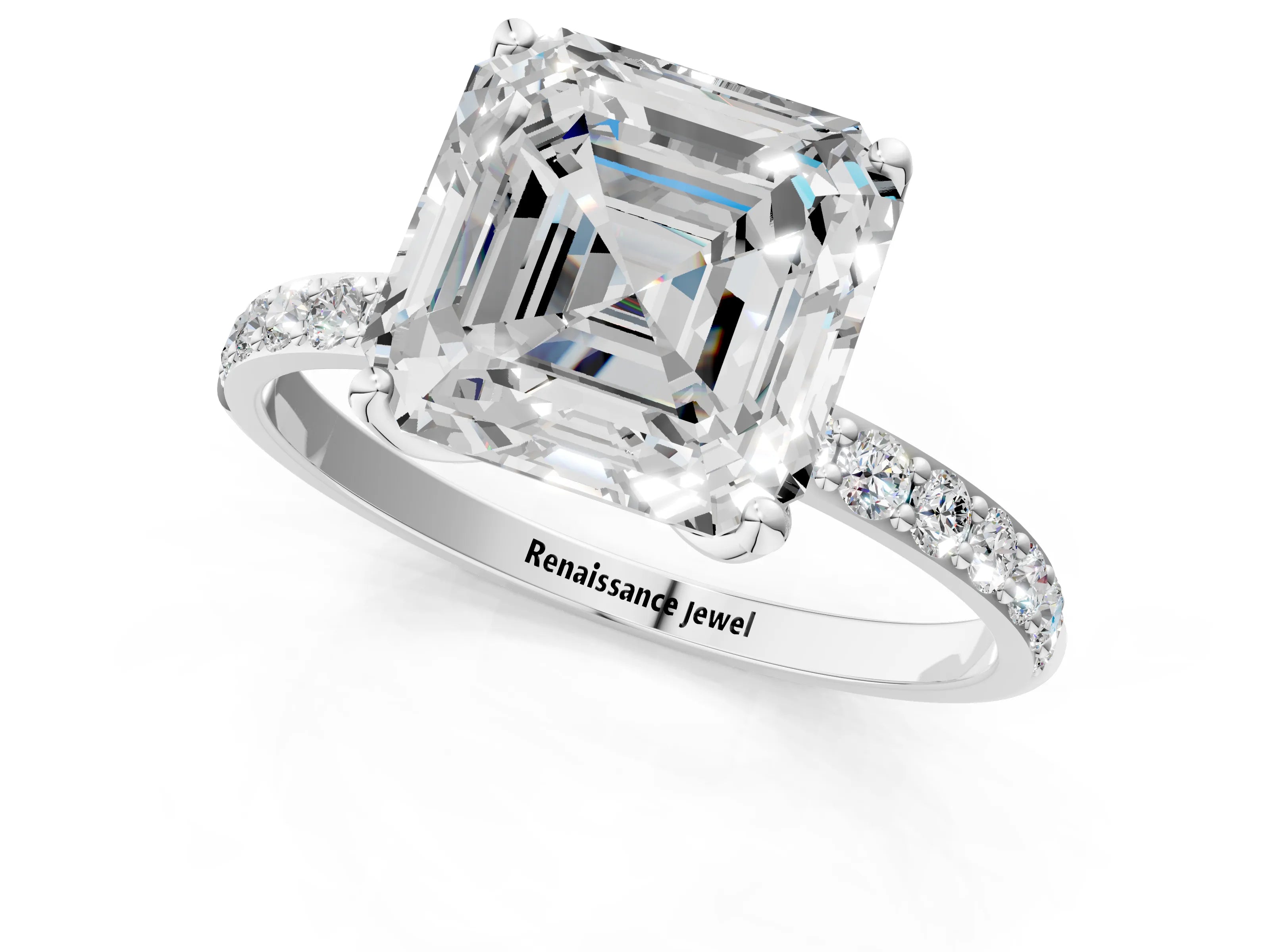 White gold Asscher Cut Diamond Solitaire Engagement Ring with Round with Moissanite side stone Pavé Band and Prong Setting_25