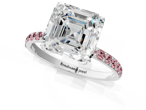 White gold Asscher Cut Diamond Solitaire Engagement Ring with Round with Morganite side stone Pavé Band and Prong Setting_35