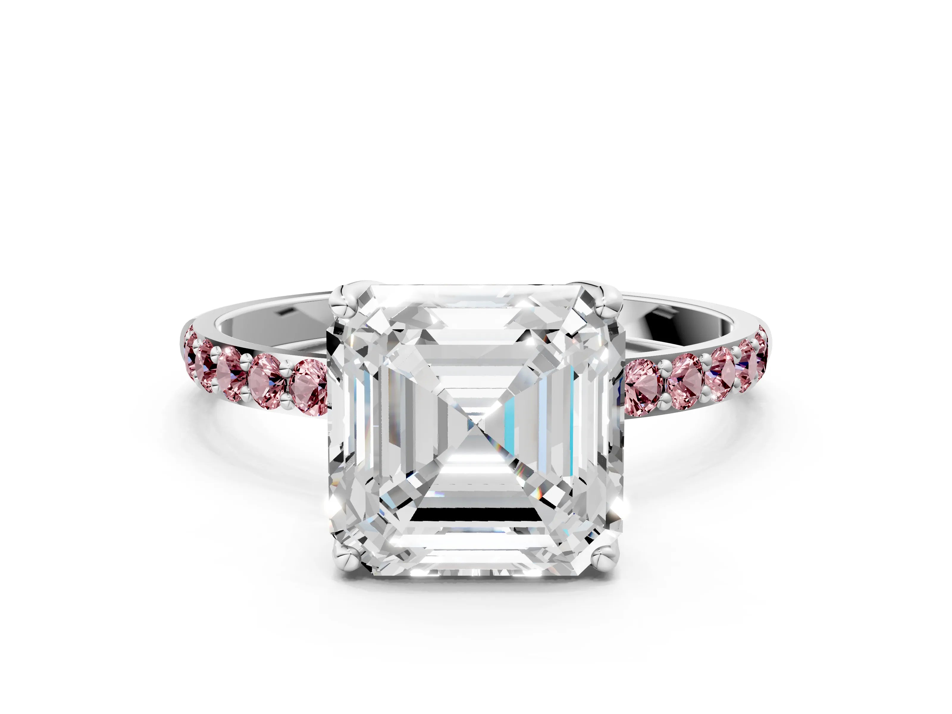 White gold Asscher Cut Diamond Solitaire Engagement Ring with Round with Morganite side stone Pavé Band and Prong Setting_36