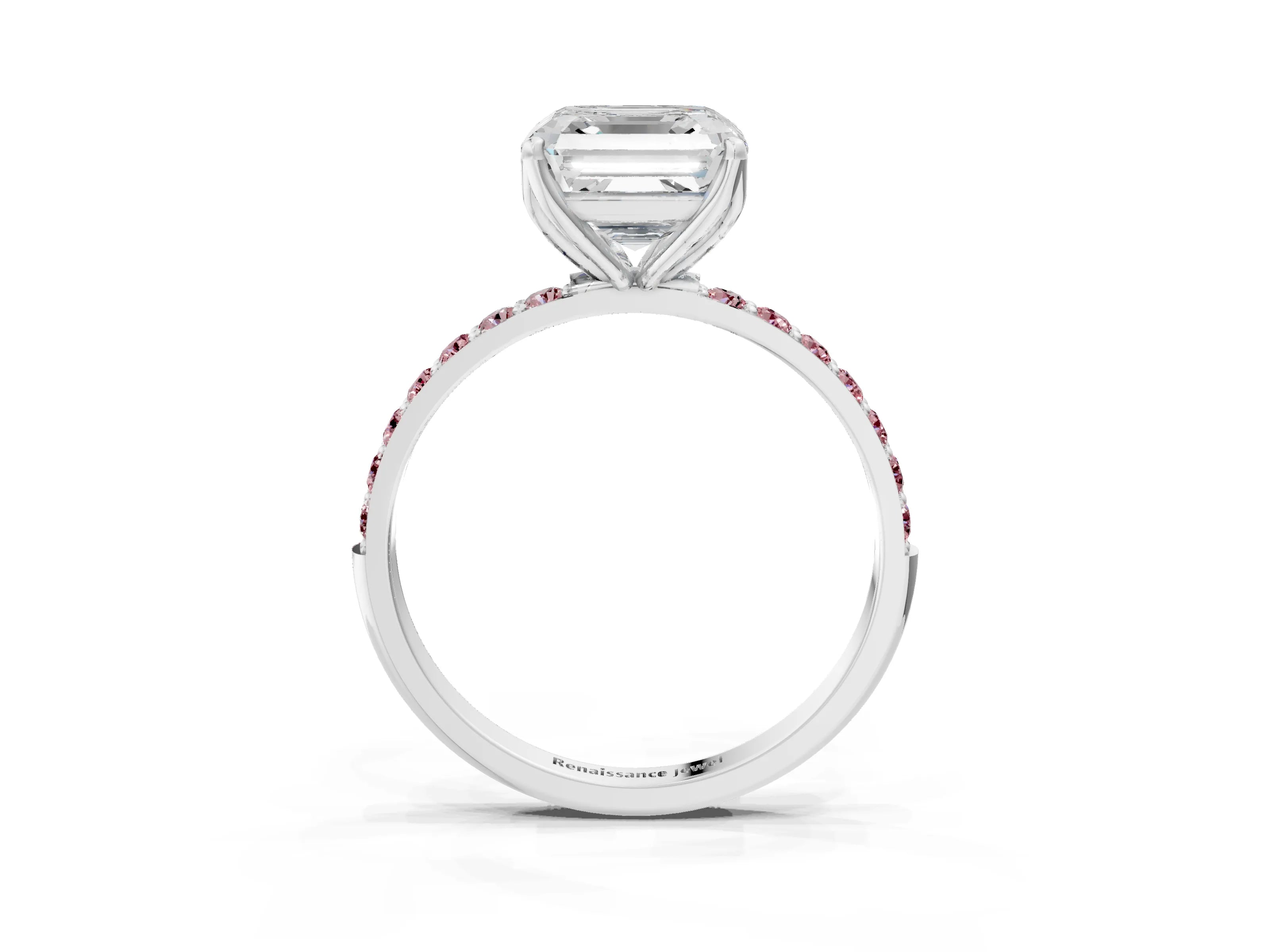 White gold Asscher Cut Diamond Solitaire Engagement Ring with Round with Morganite side stone Pavé Band and Prong Setting_37