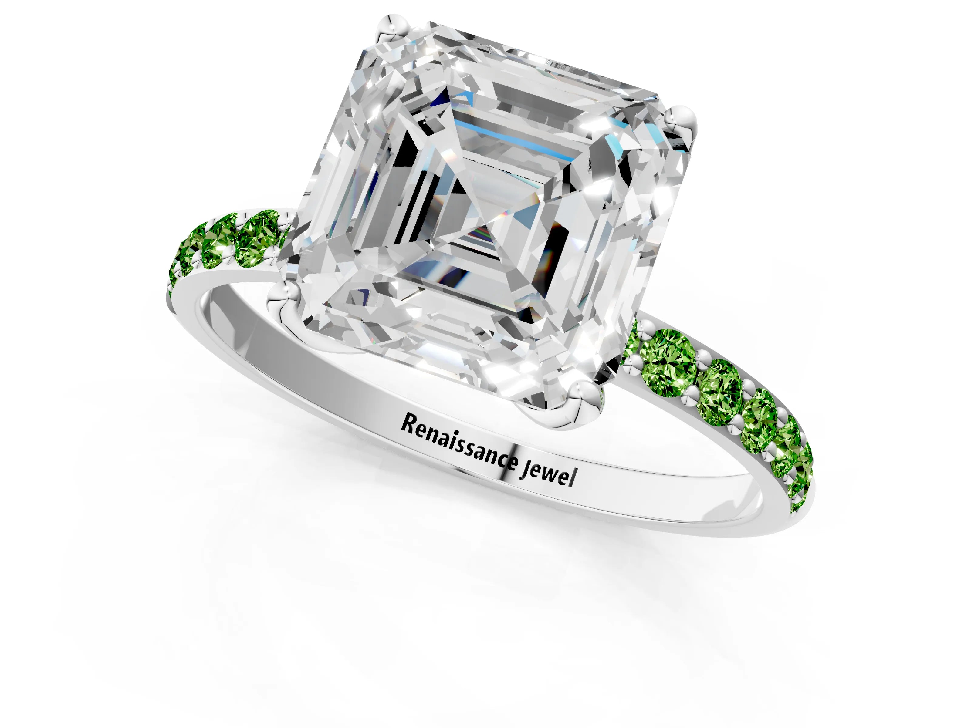 White gold Asscher Cut Diamond Solitaire Engagement Ring with Round with Peridot side stone Pavé Band and Prong Setting_13