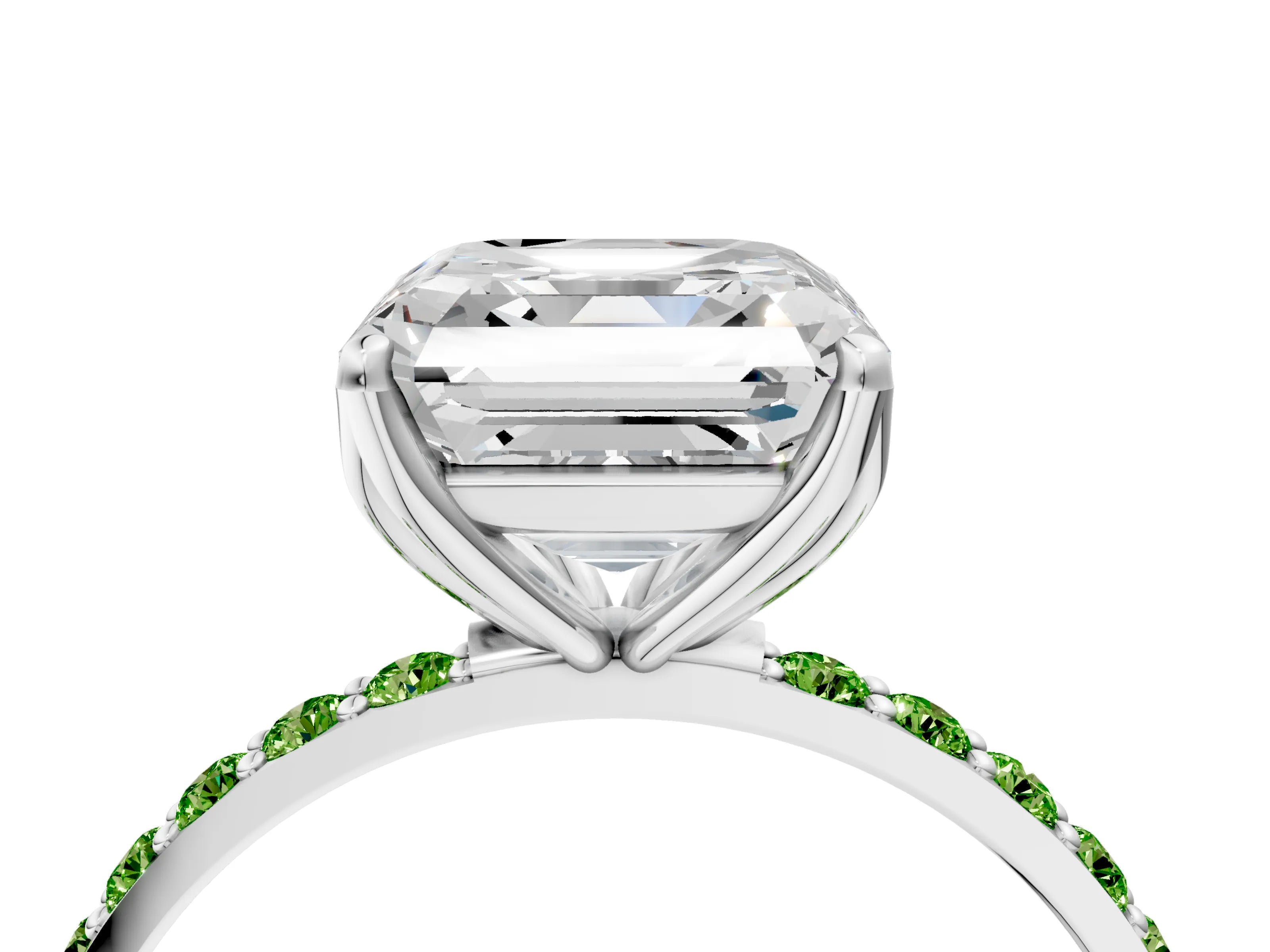 White gold Asscher Cut Diamond Solitaire Engagement Ring with Round with Peridot side stone Pavé Band and Prong Setting_16