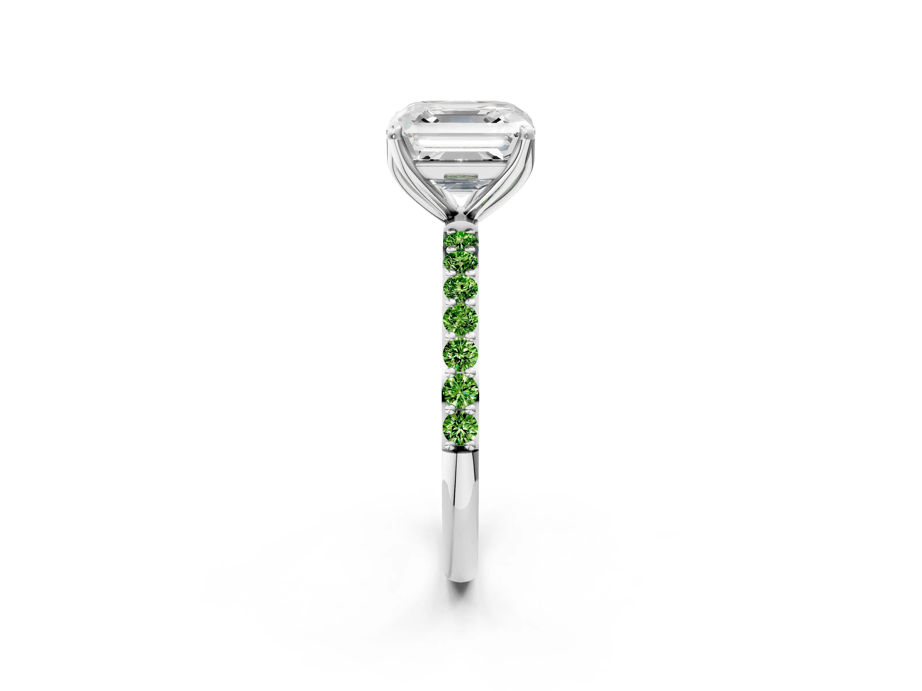 White gold Asscher Cut Diamond Solitaire Engagement Ring with Round with Peridot side stone Pavé Band and Prong Setting_2