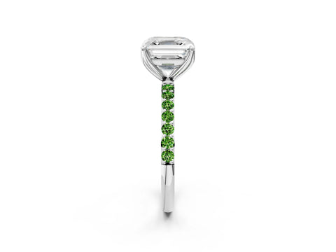 White gold Asscher Cut Diamond Solitaire Engagement Ring with Round with Peridot side stone Pavé Band and Prong Setting_2