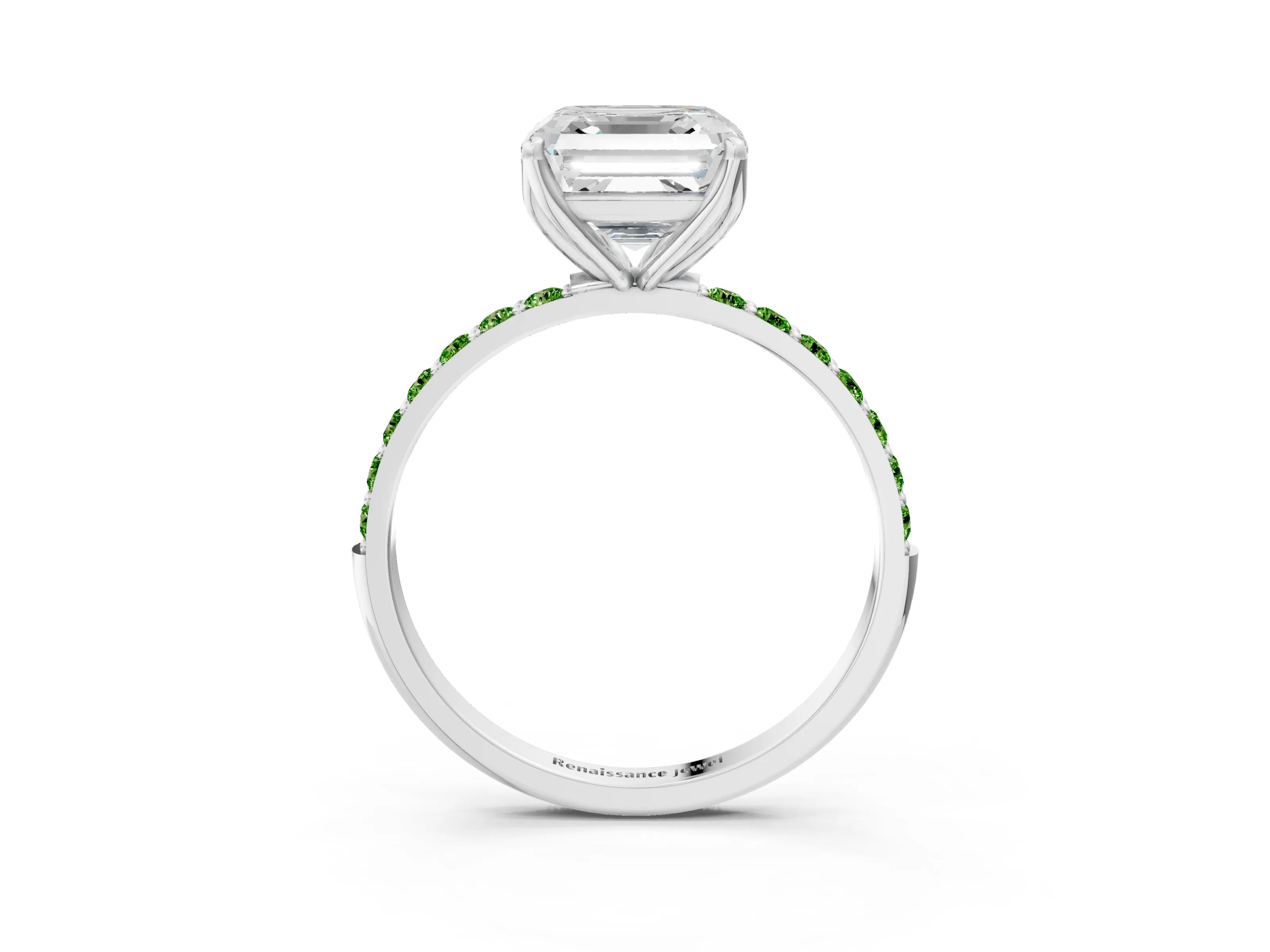 White gold Asscher Cut Diamond Solitaire Engagement Ring with Round with Peridot side stone Pavé Band and Prong Setting_3