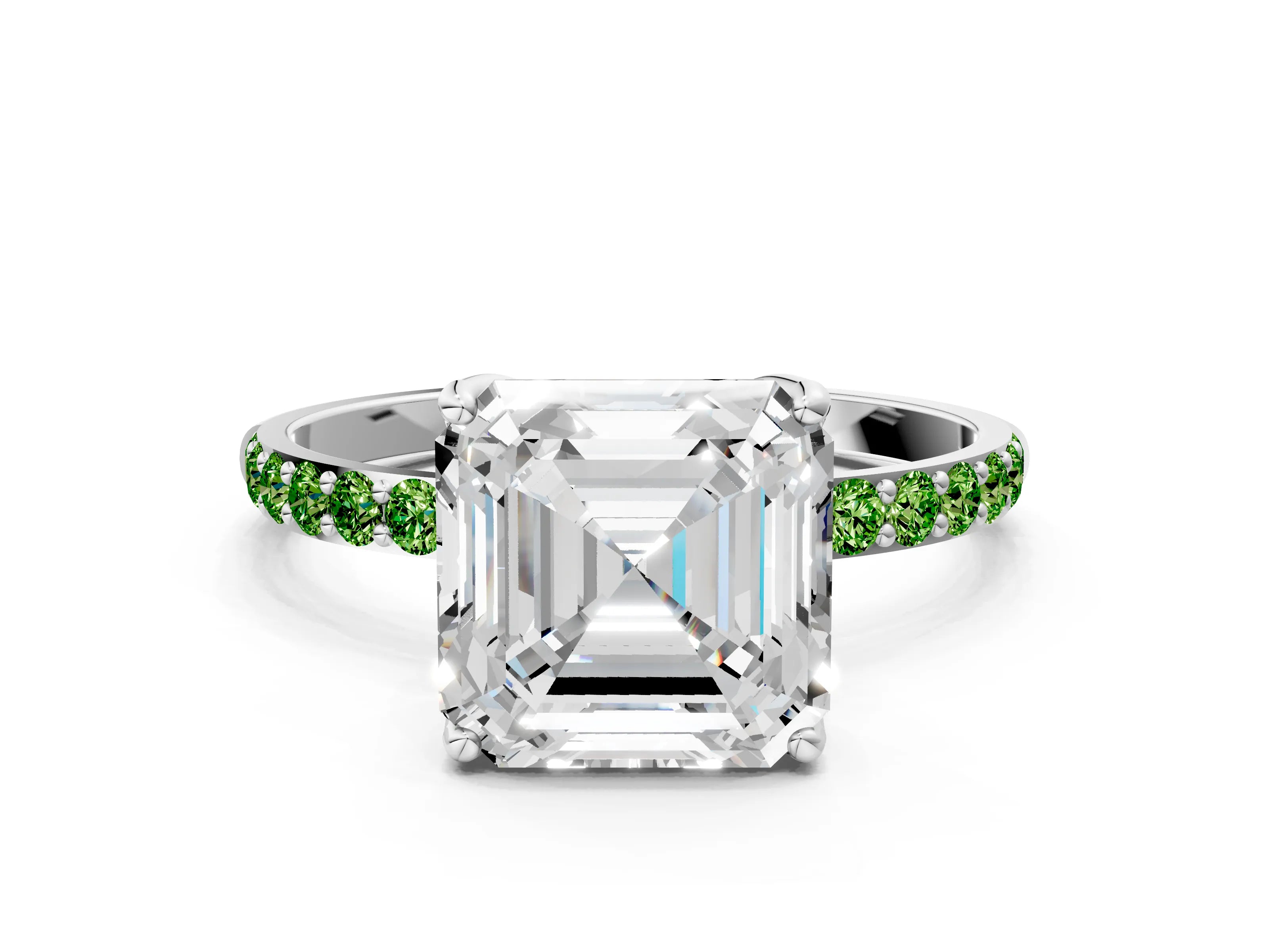 White gold Asscher Cut Diamond Solitaire Engagement Ring with Round with Peridot side stone Pavé Band and Prong Setting