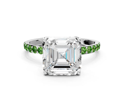 White gold Asscher Cut Diamond Solitaire Engagement Ring with Round with Peridot side stone Pavé Band and Prong Setting