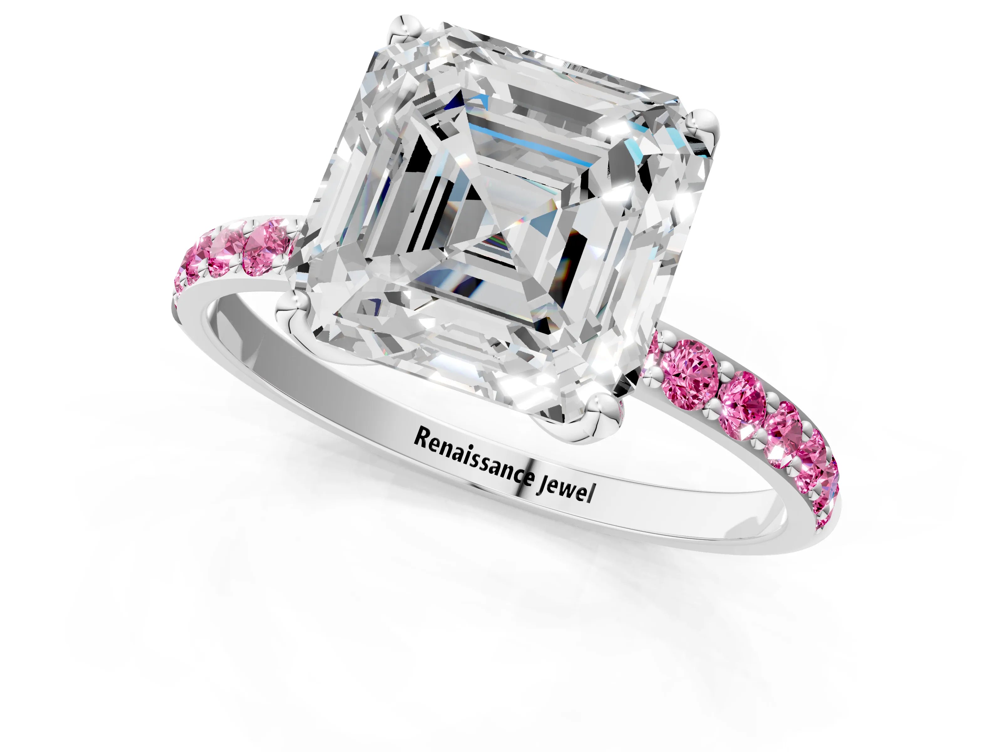 White gold Asscher Cut Diamond Solitaire Engagement Ring with Round with Pink Sapphire side stone Pavé Band and Prong Setting_13