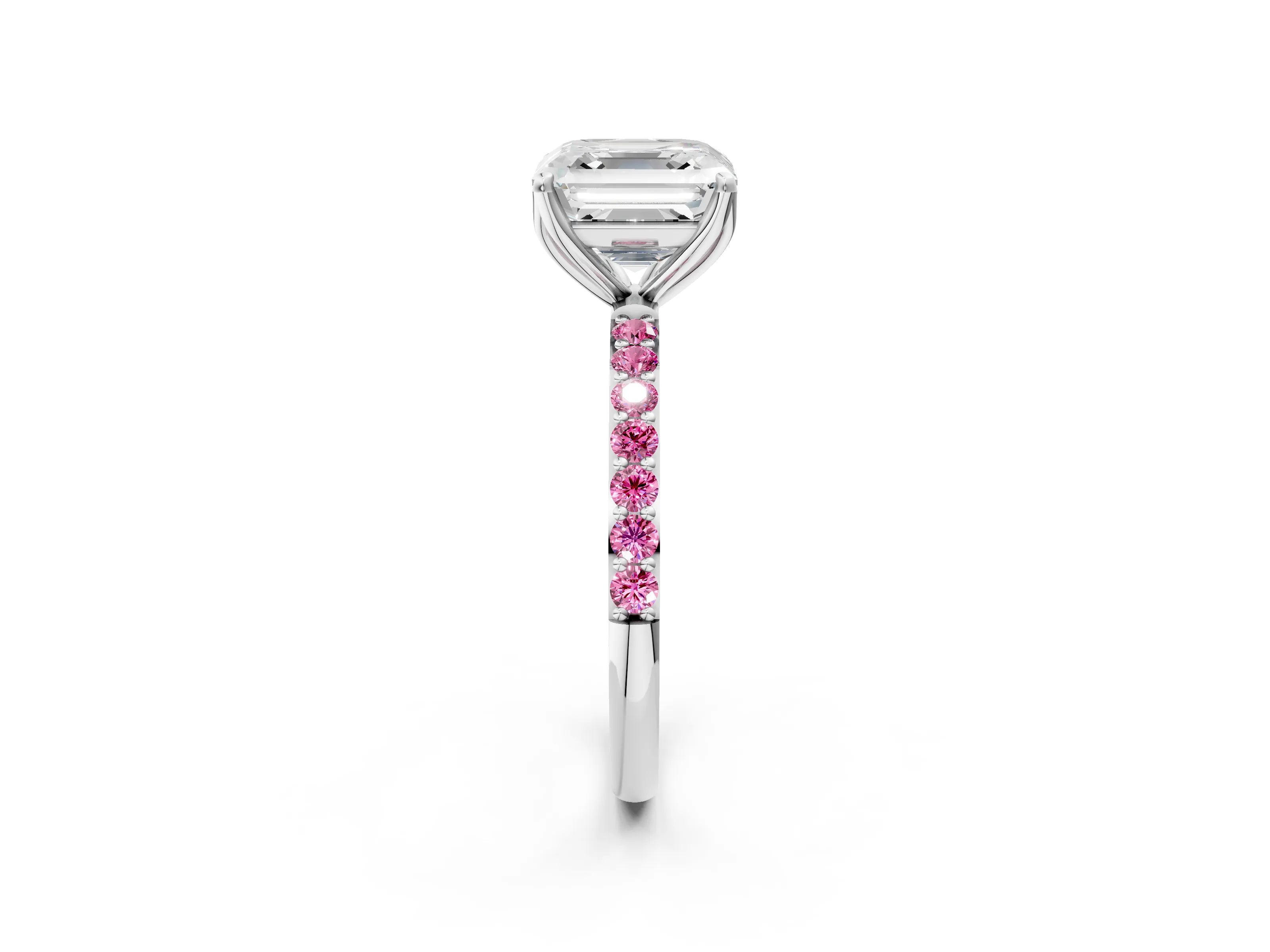 White gold Asscher Cut Diamond Solitaire Engagement Ring with Round with Pink Sapphire side stone Pavé Band and Prong Setting_14
