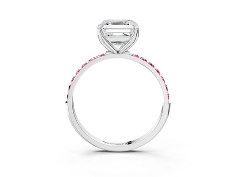 White gold Asscher Cut Diamond Solitaire Engagement Ring with Round with Pink Sapphire side stone Pavé Band and Prong Setting_15