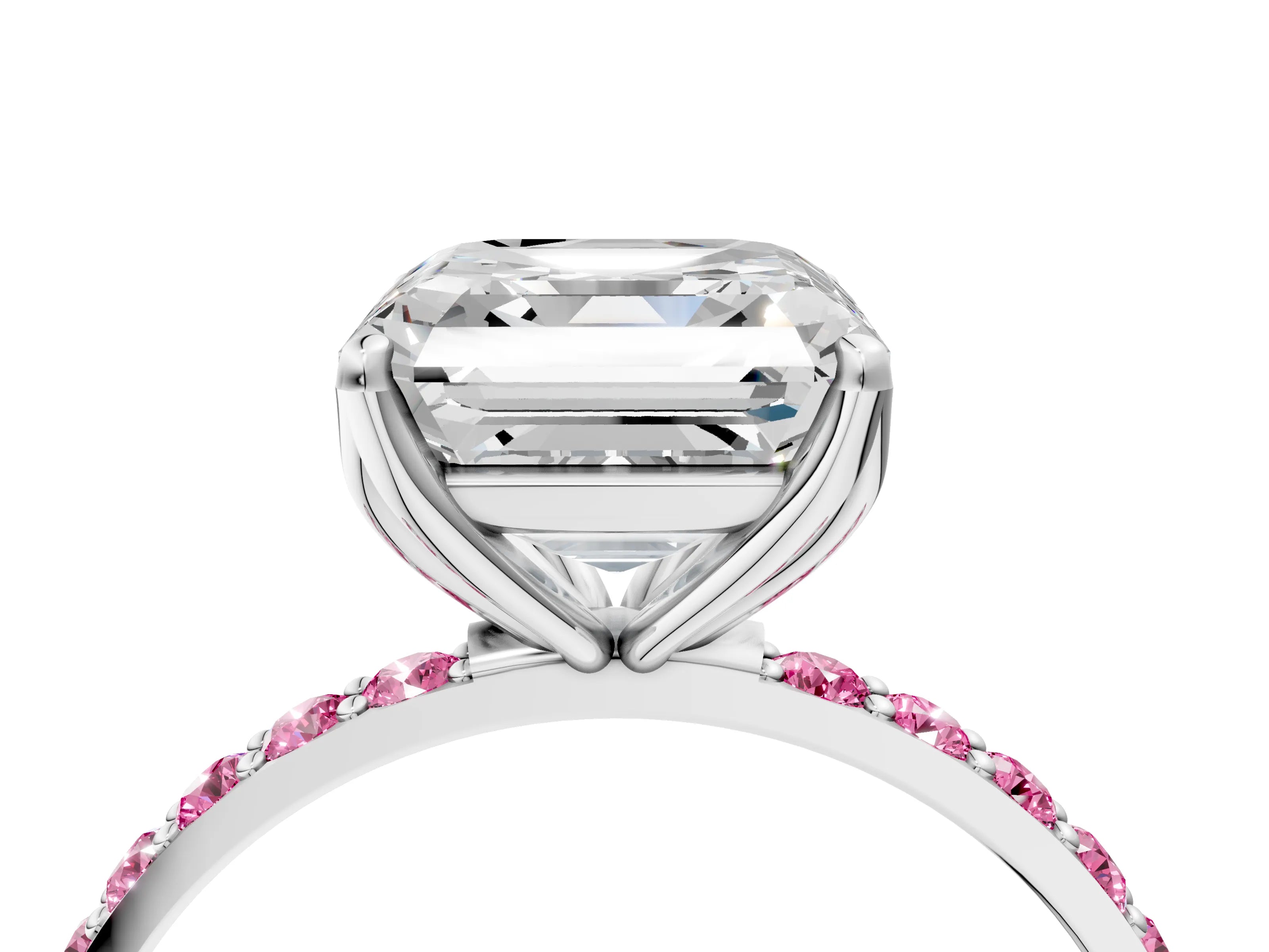 White gold Asscher Cut Diamond Solitaire Engagement Ring with Round with Pink Sapphire side stone Pavé Band and Prong Setting_16