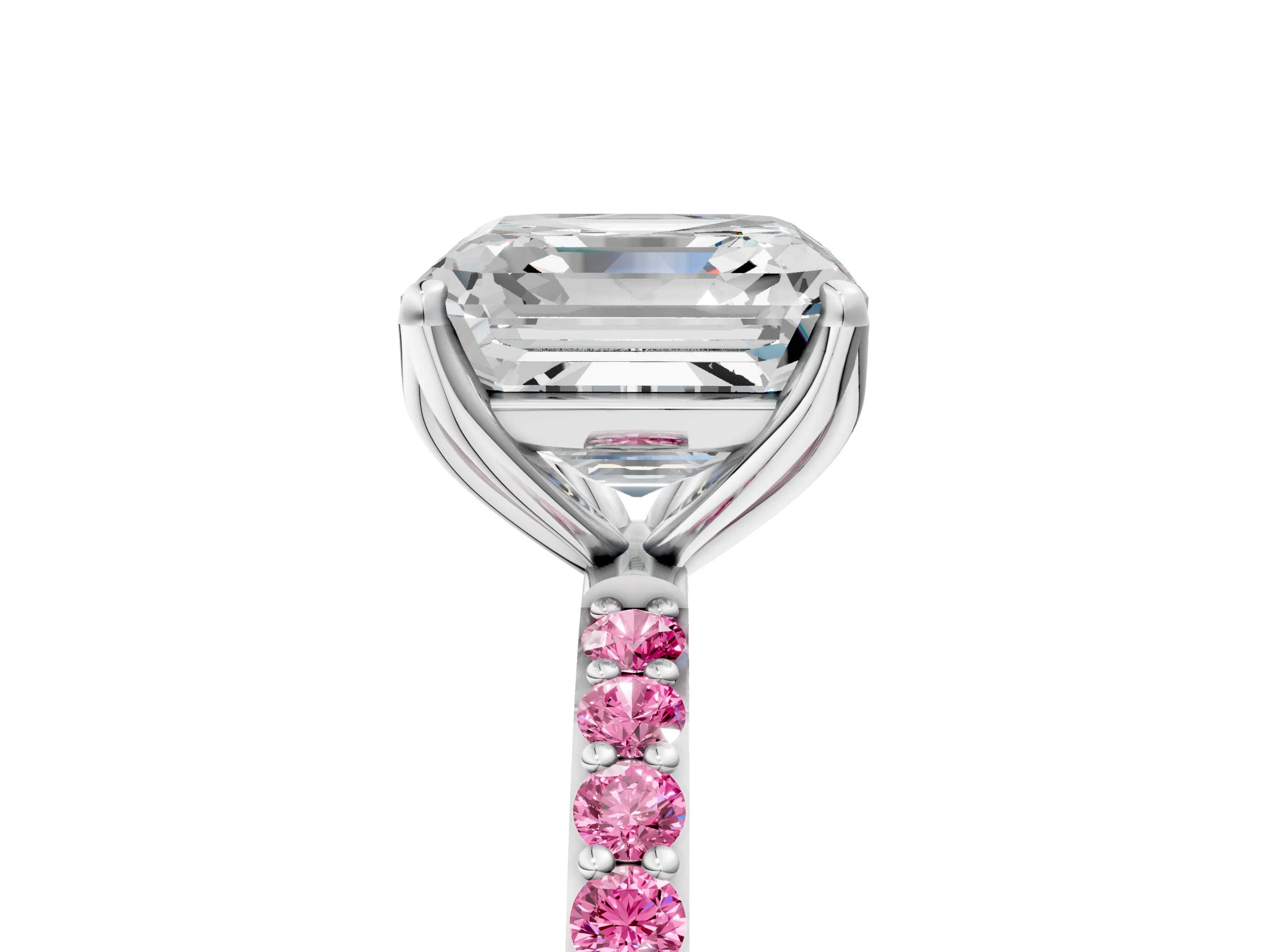 White gold Asscher Cut Diamond Solitaire Engagement Ring with Round with Pink Sapphire side stone Pavé Band and Prong Setting_17