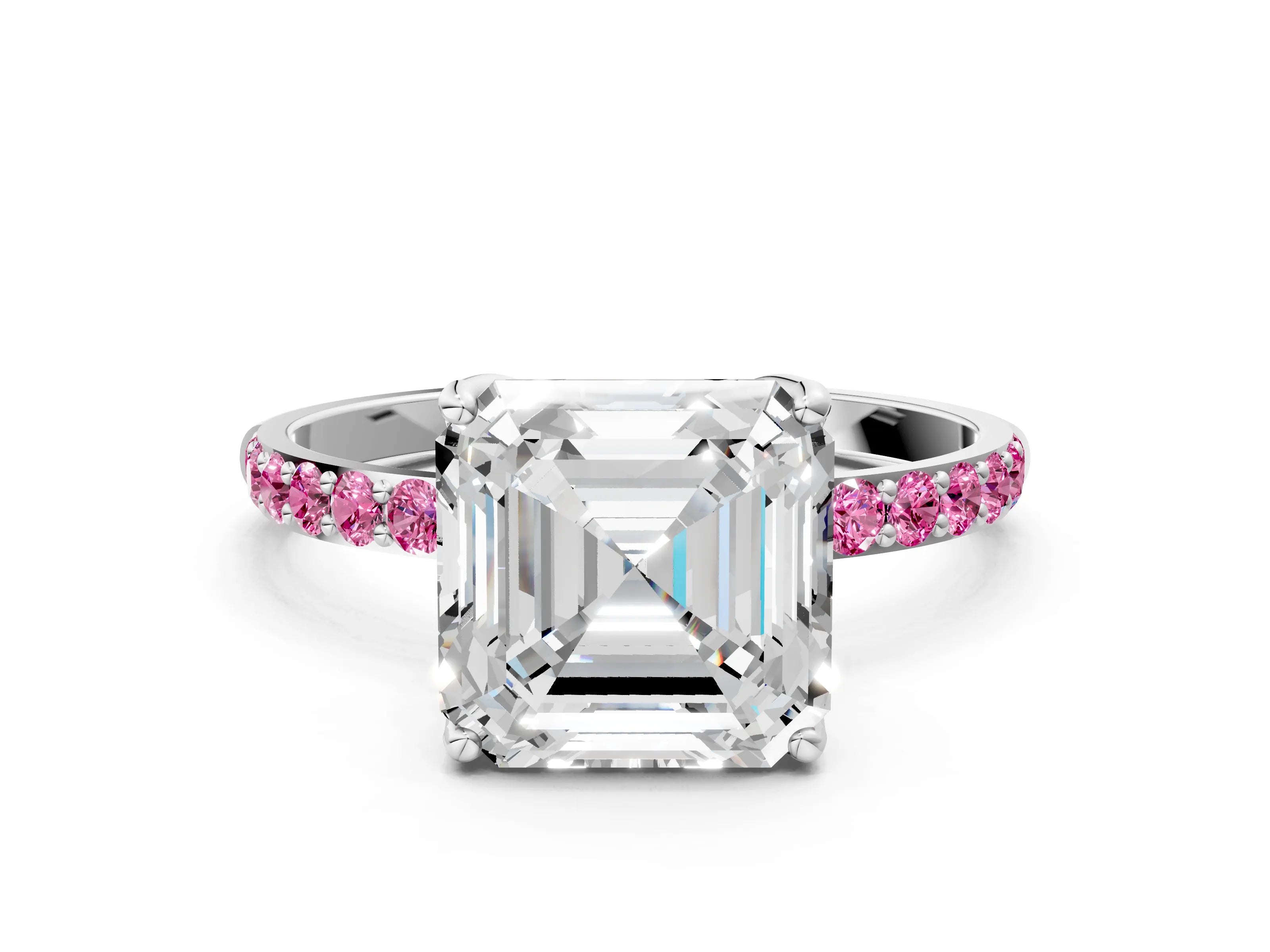 White gold Asscher Cut Diamond Solitaire Engagement Ring with Round with Pink Sapphire side stone Pavé Band and Prong Setting_24