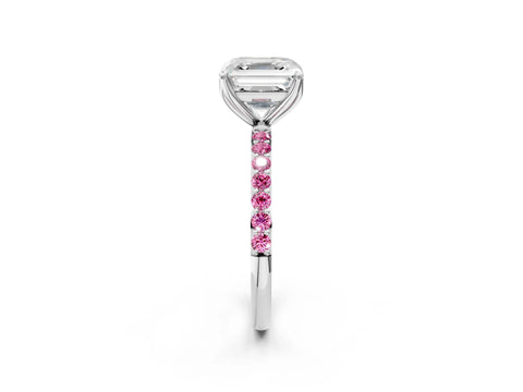White gold Asscher Cut Diamond Solitaire Engagement Ring with Round with Pink Sapphire side stone Pavé Band and Prong Setting_26