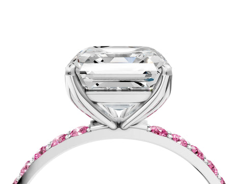 White gold Asscher Cut Diamond Solitaire Engagement Ring with Round with Pink Sapphire side stone Pavé Band and Prong Setting_28