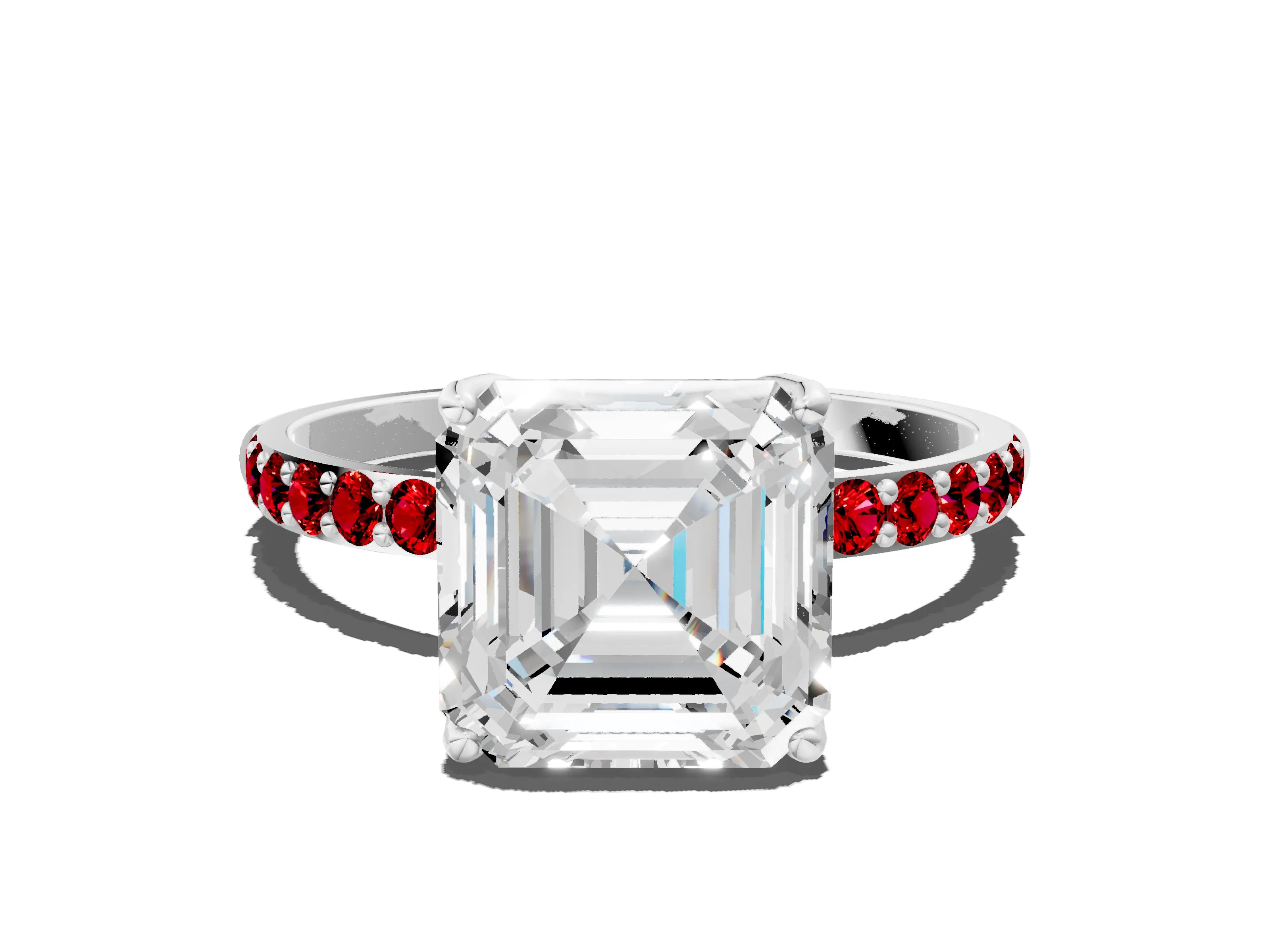 White gold Asscher Cut Diamond Solitaire Engagement Ring with Round with Ruby side stone Pavé Band and Prong Setting_12