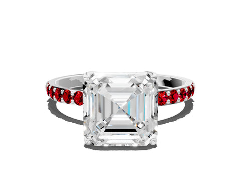 White gold Asscher Cut Diamond Solitaire Engagement Ring with Round with Ruby side stone Pavé Band and Prong Setting_12