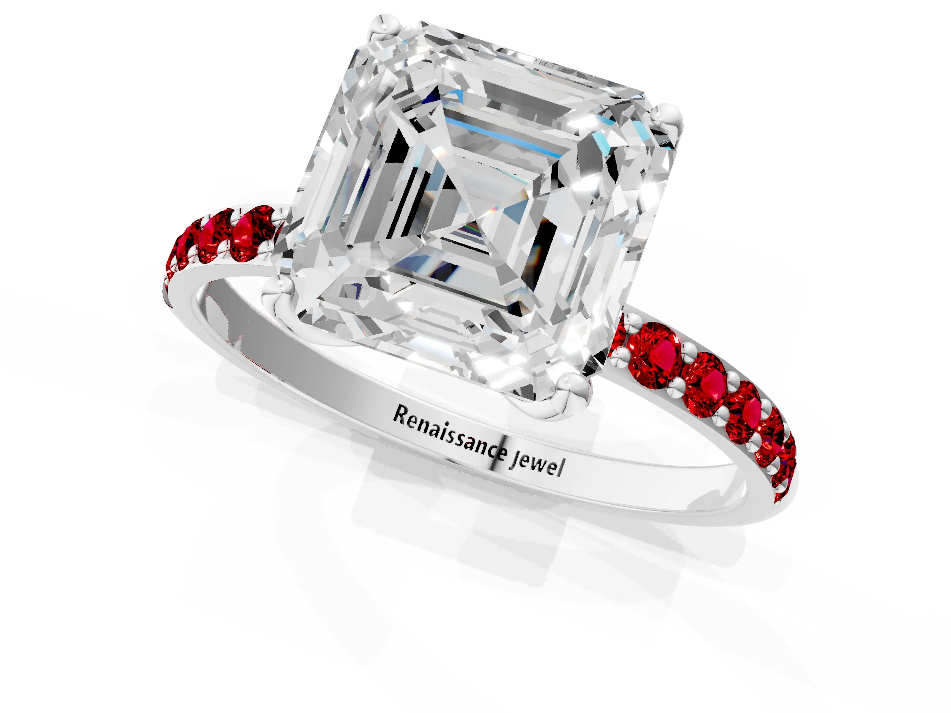 White gold Asscher Cut Diamond Solitaire Engagement Ring with Round with Ruby side stone Pavé Band and Prong Setting_13