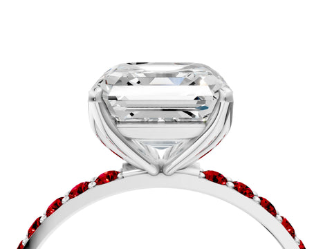 White gold Asscher Cut Diamond Solitaire Engagement Ring with Round with Ruby side stone Pavé Band and Prong Setting_16