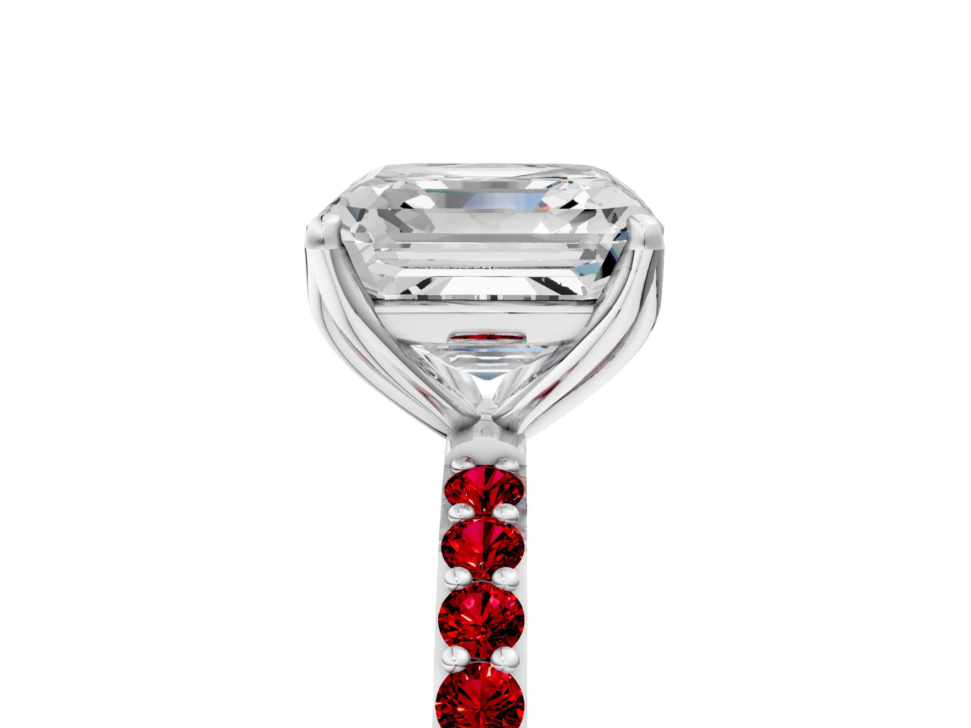 White gold Asscher Cut Diamond Solitaire Engagement Ring with Round with Ruby side stone Pavé Band and Prong Setting_17