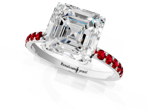 White gold Asscher Cut Diamond Solitaire Engagement Ring with Round with Ruby side stone Pavé Band and Prong Setting_25