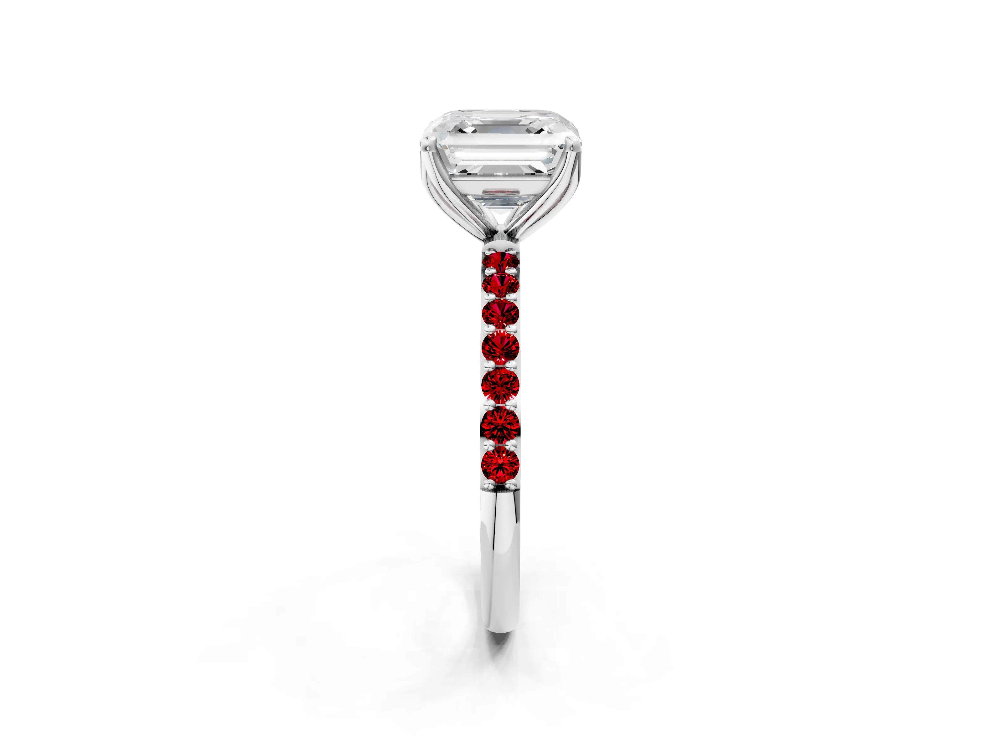 White gold Asscher Cut Diamond Solitaire Engagement Ring with Round with Ruby side stone Pavé Band and Prong Setting_26