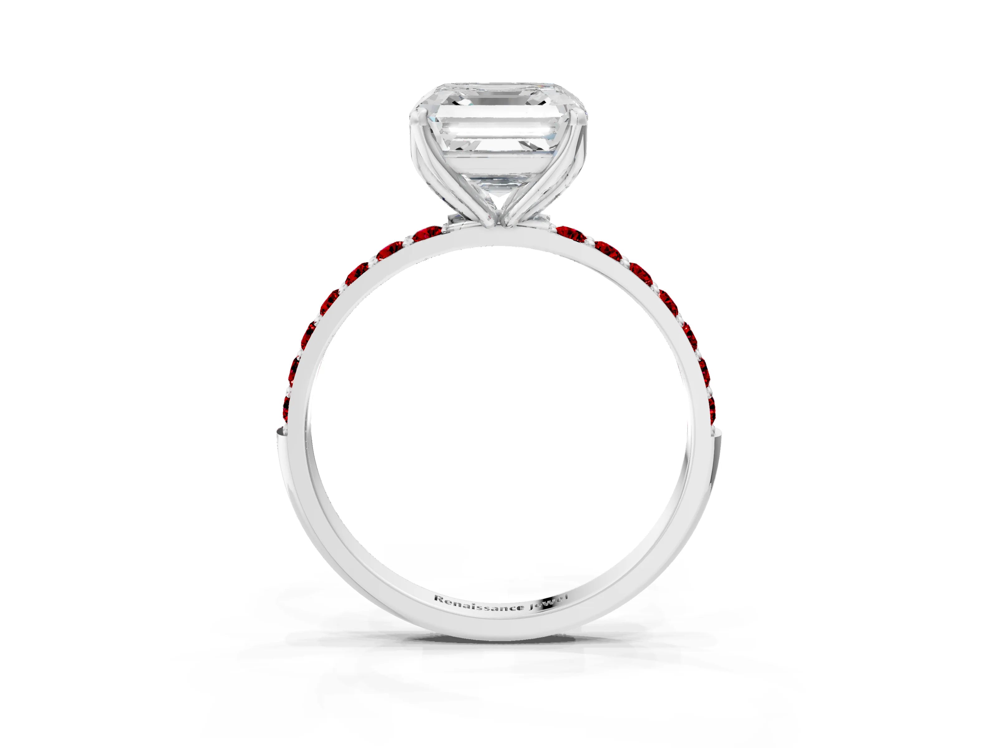 White gold Asscher Cut Diamond Solitaire Engagement Ring with Round with Ruby side stone Pavé Band and Prong Setting_27