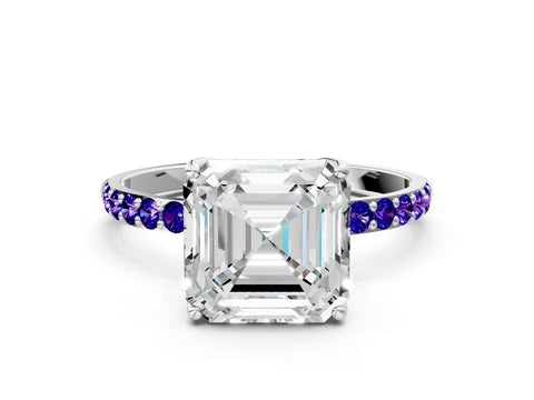 White gold Asscher Cut Diamond Solitaire Engagement Ring with Round with Tanzanite side stone Pavé Band and Prong Setting_12