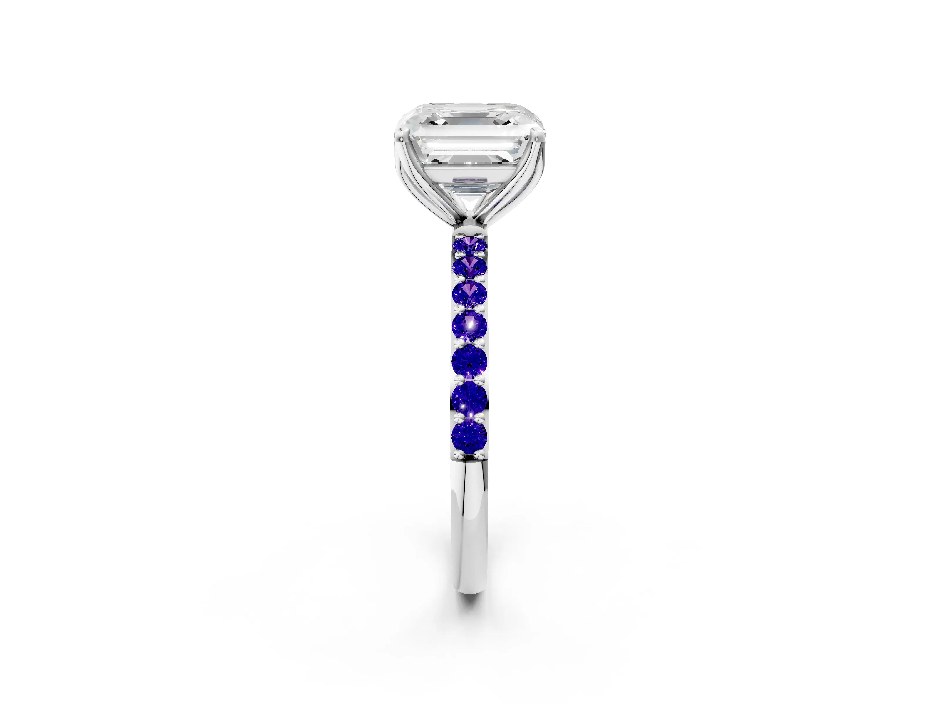 White gold Asscher Cut Diamond Solitaire Engagement Ring with Round with Tanzanite side stone Pavé Band and Prong Setting_14