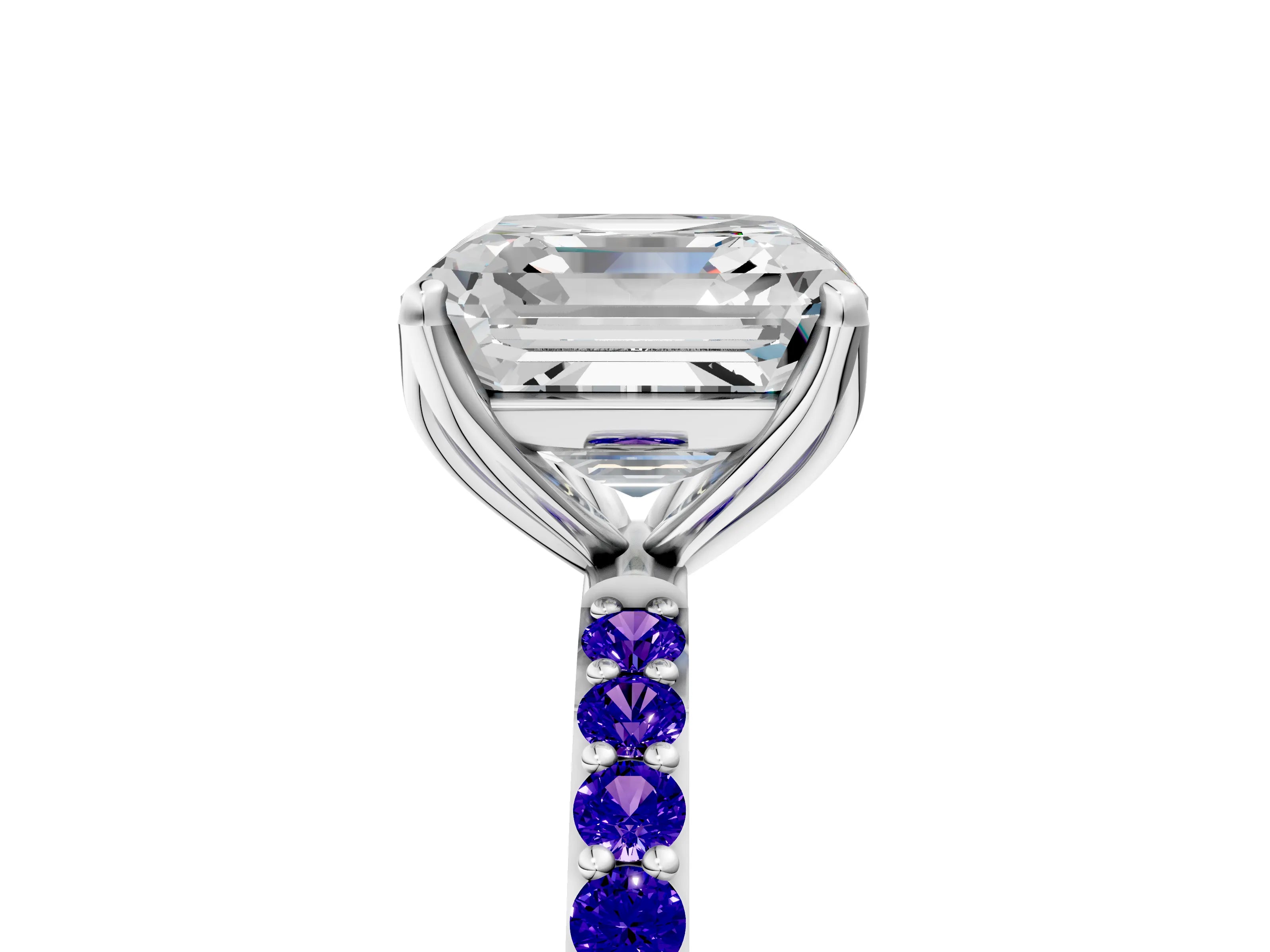White gold Asscher Cut Diamond Solitaire Engagement Ring with Round with Tanzanite side stone Pavé Band and Prong Setting_17